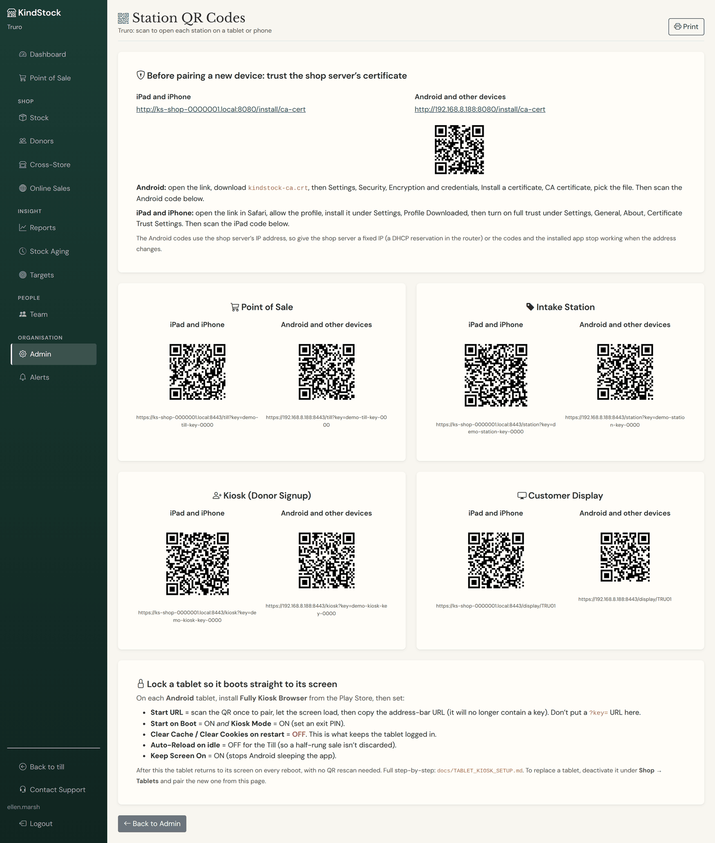 The station pairing page: a QR code for each station in the shop, with the card that installs the shop server's certificate on the tablet first.