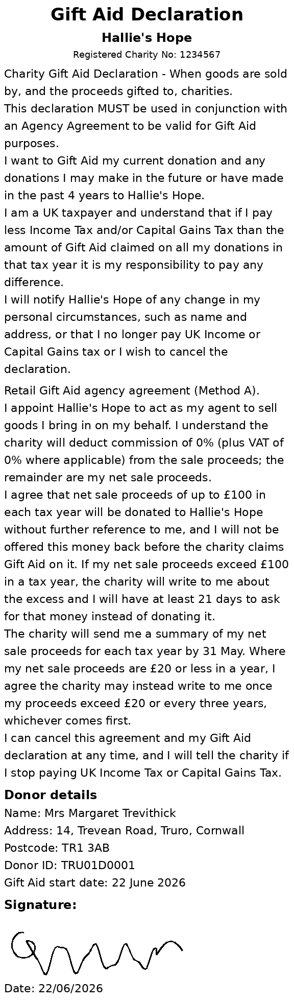 A printed Gift Aid declaration carrying the charity's name and number, the registered HMRC wording, the agency agreement and the donor's signature.