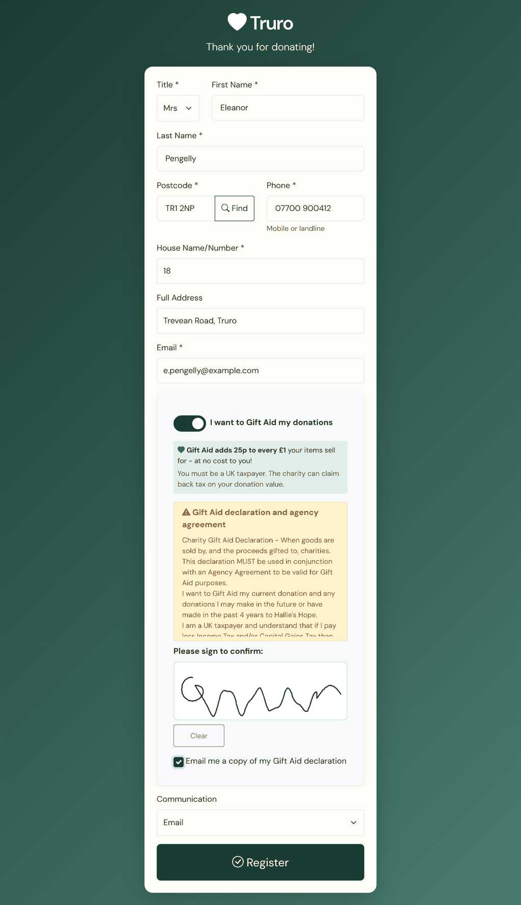 The donor sign-up kiosk on a tablet: contact details, the full Gift Aid declaration and agency agreement, a signature pad and a tick to be emailed a copy.
