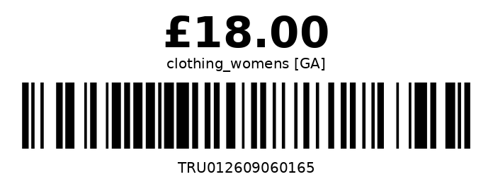 A printed KindStock price label: Code128 barcode of the item serial, the price, the category with its Gift Aid tag, and the intake date.