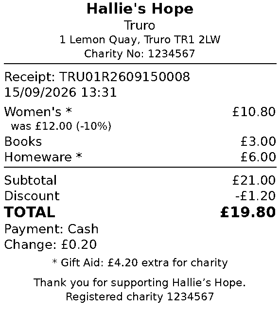 A printed KindStock receipt: Hallie's Hope, the shop, its address and charity number, three category lines with a 10% reduction shown on one, subtotal, discount, total, payment and change, and a line reading Gift Aid £4.20 extra for charity.