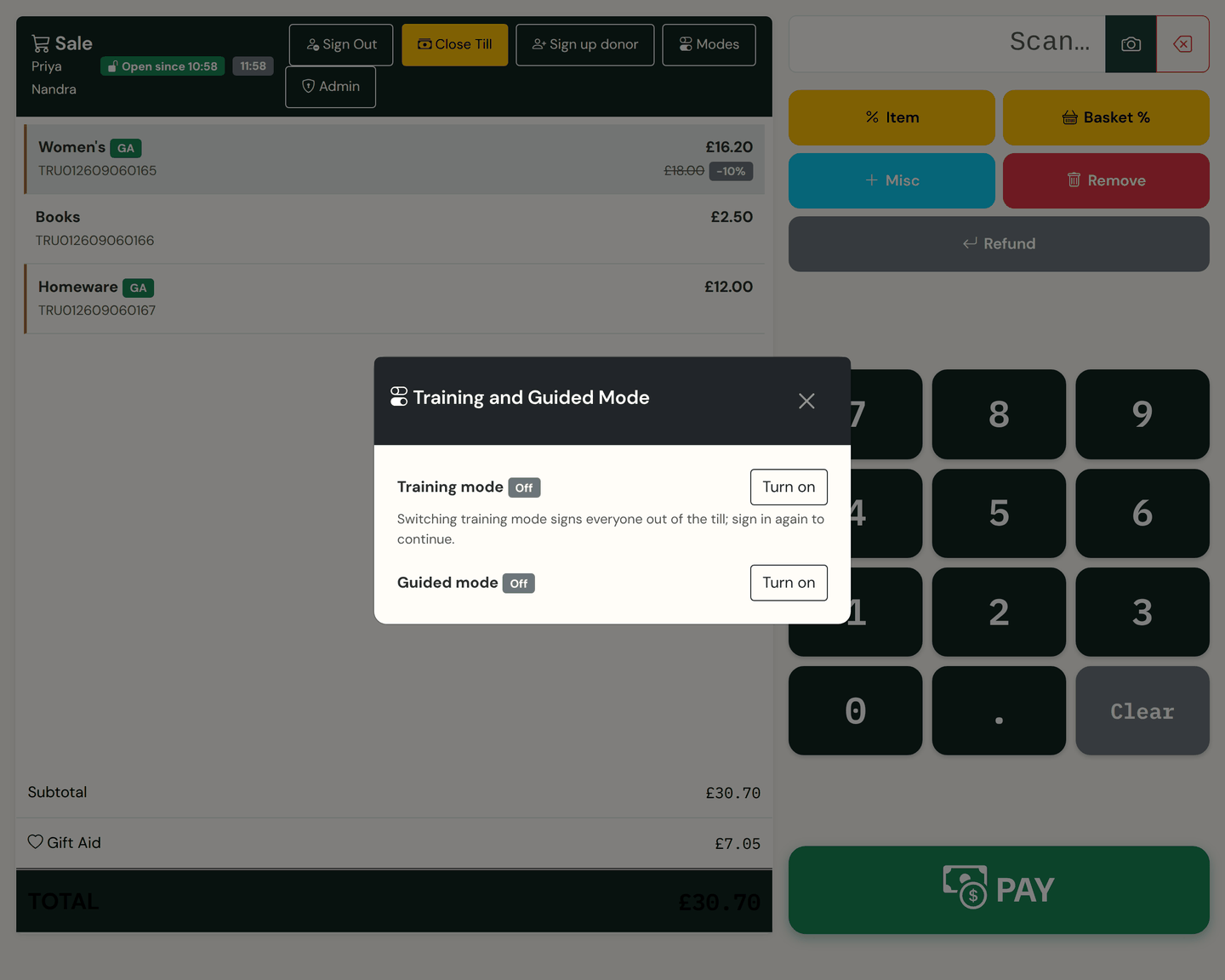 The till Modes panel, where a manager turns Training Mode and Guided Mode on or off and confirms with their PIN.